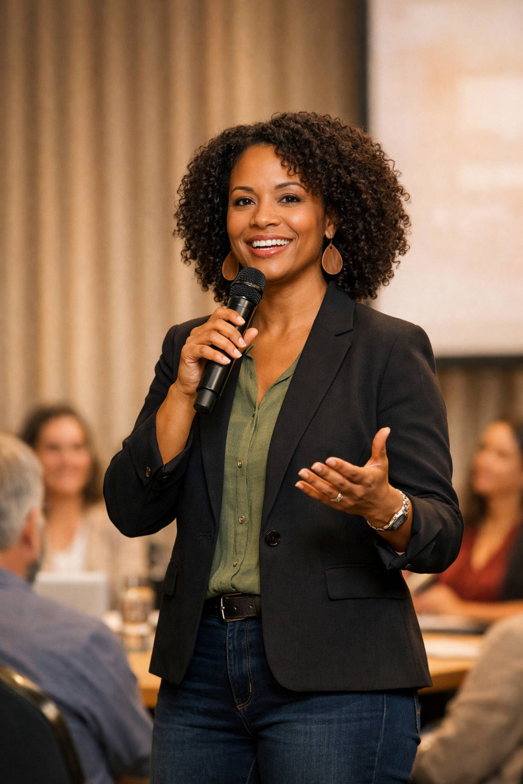 Adina speaking at a conference holding a microphone